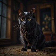 A black cat with piercing yellow eyes sits on a wooden floor in a dimly lit room.