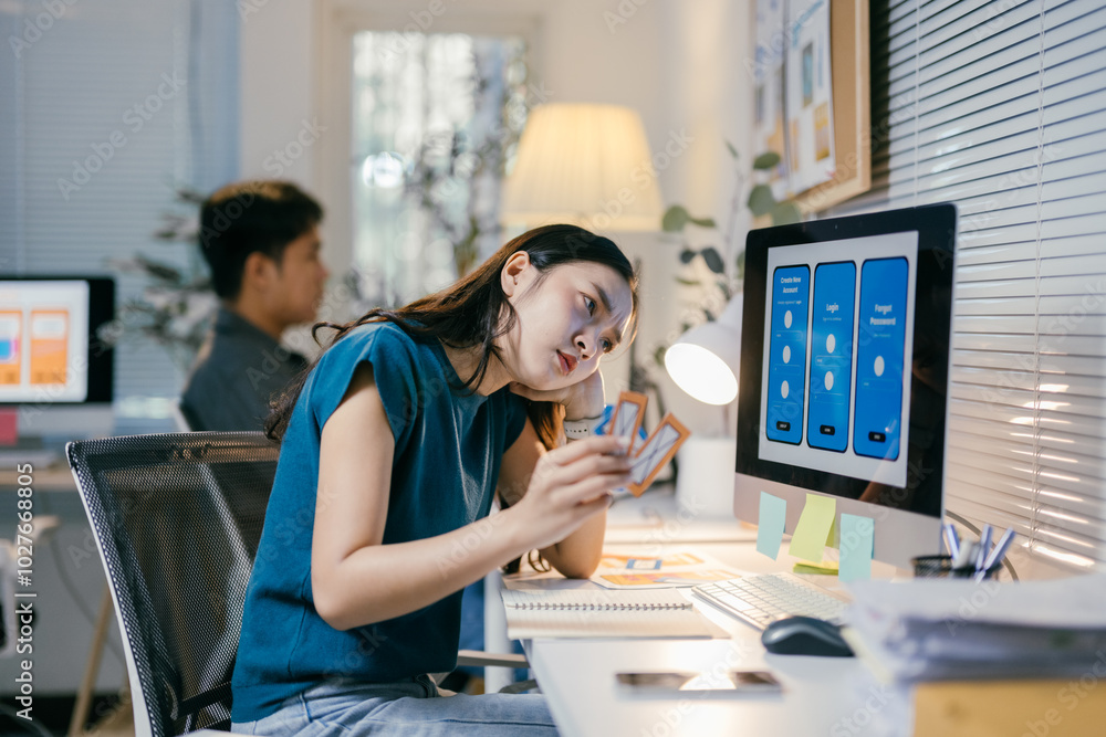 Poster stressed asian web designer faces creative block developing mobile app in office, struggling with ui