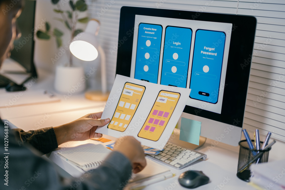 Aufkleber Ux designer is reviewing paper prototypes of a mobile app, comparing them to the design displayed on their computer screen, ensuring a user-centered approach to development