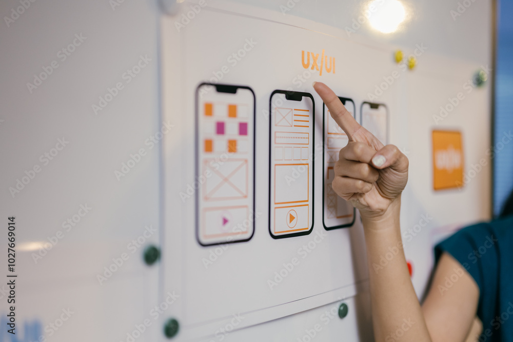 Aufkleber Web designer is pointing at a whiteboard and showing the different stages of development of a mobile application. She is explaining the process to her team