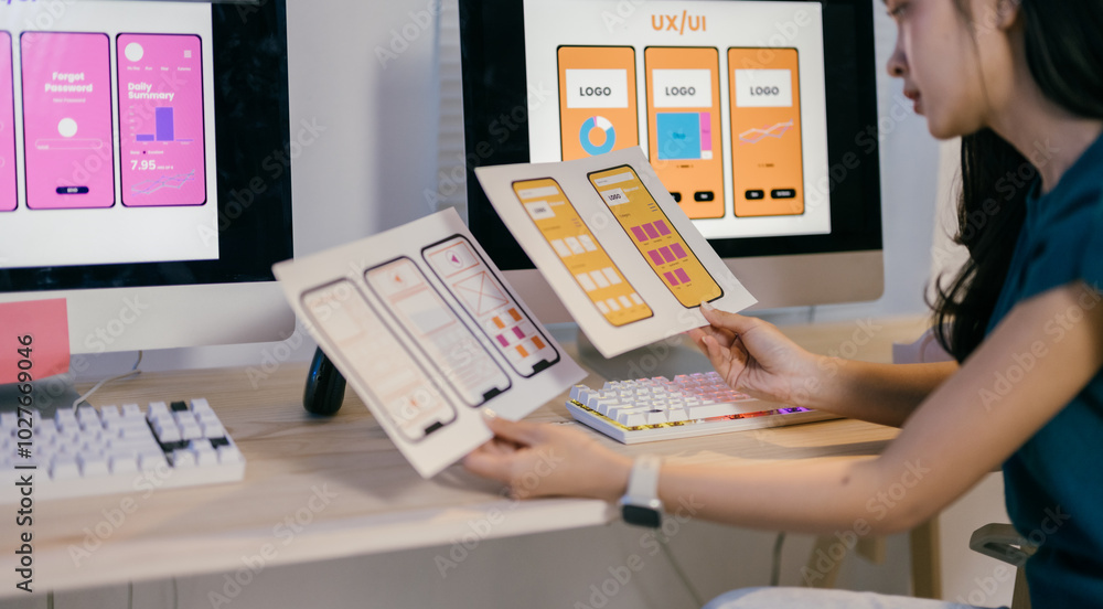 Poster Young ux ui designer comparing paper prototypes to the responsive design on her computer screen, improving user experience