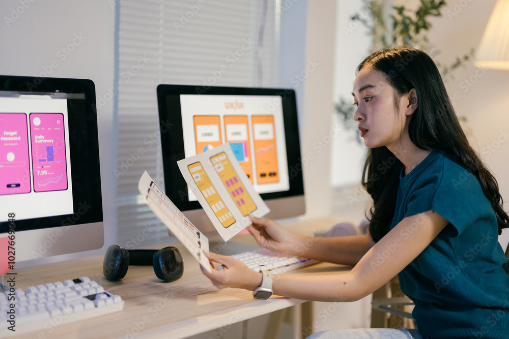 Aufkleber young woman working as ux designer is comparing mobile app design ideas on paper and computer screen