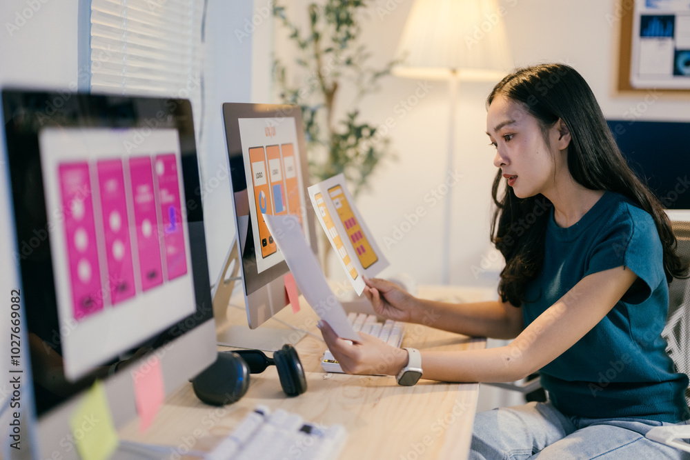 Poster Young woman working as a web designer is comparing two website mockups while working at her desk. She is trying to decide which version she prefers