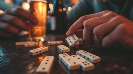 Close-up of a hand playing dominoes with a beer in the background.