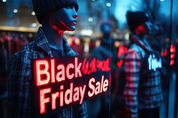 Storefront with Flashing Sale Signs: A store window with digital "Black Friday Sale" signs flashing red and white, drawing attention to mannequins dressed in trendy outfits