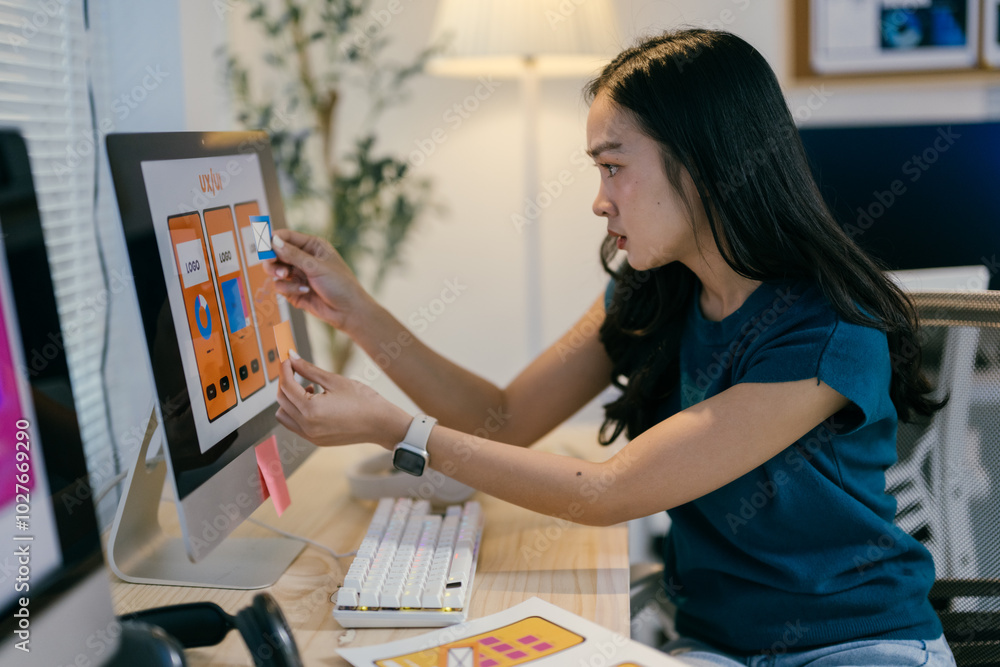 Aufkleber Woman working in her office designing the user interface and user experience for mobile applications, sticking paper prototypes on a computer screen