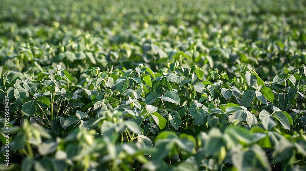 Poster high-altitude perspective of a large field of peas with delicate green pods creating a subtle textur
