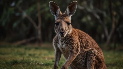 A kangaroo sits in a grassy field, staring directly at the camera.