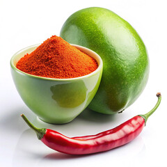 A whole, unripe green mango with a smooth, glossy surface resting on a pristine white background.