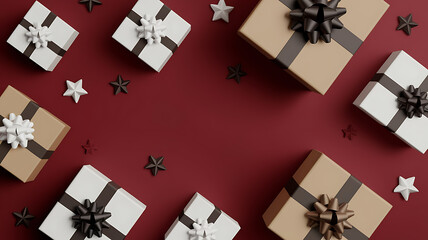 White and brown gifts with black bows on a red background, festive holiday celebration. 
