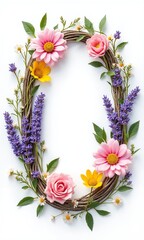 A beautiful floral letter "O" made from wooden branches, decorated with colorful flowers and green leaves. Perfect for nature, typography, and floral art themes.