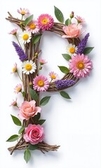 A beautiful floral letter "P" made from wooden branches, decorated with colorful flowers and green leaves. Perfect for nature, typography, and floral art themes.