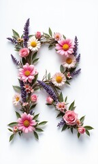 A beautiful floral letter "R" made from wooden branches, decorated with colorful flowers and green leaves. Perfect for nature, typography, and floral art themes.