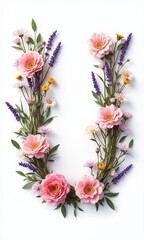 A beautiful floral letter "U" made from wooden branches, decorated with colorful flowers and green leaves. Perfect for nature, typography, and floral art themes.