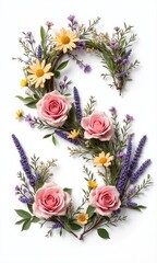 A beautiful floral letter "S" made from wooden branches, decorated with colorful flowers and green leaves. Perfect for nature, typography, and floral art themes.