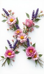 A beautiful floral letter "X" made from wooden branches, decorated with colorful flowers and green leaves. Perfect for nature, typography, and floral art themes.