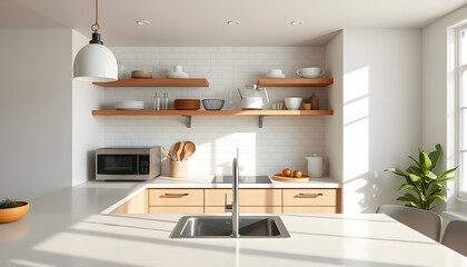 Light home kitchen interior with bar counter, sink and kitchenware with shelves isolated with white highlights, png