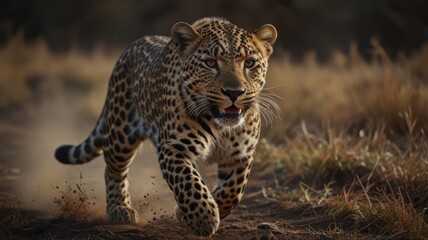 Fototapeta premium A leopard walks towards the camera in a field with its mouth slightly open. The animal's fur is visible in detail and is a mix of gold and black. It's staring directly at the camera.