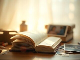 Fototapeta premium Open book with morning light on a desk