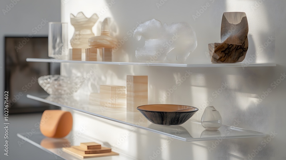 Poster stylish shelves display an array of artistic glass and wooden objects, showcasing design elegance an