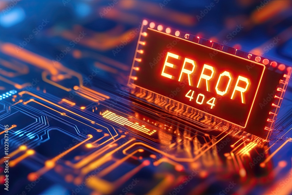 Poster Error 404 Displayed on a Digital Screen Against a Futuristic Circuit Background