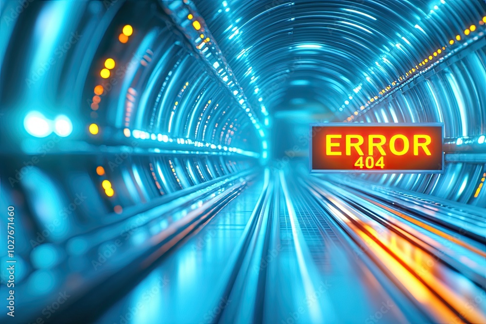 Poster Futuristic Tunnel With Bright Error Message Indicating a System Malfunction at Night