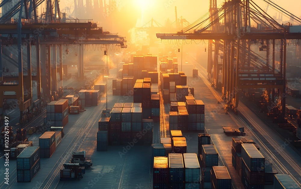 Poster sunset over a busy shipping port with stacks of containers, cranes towering in the background, creat