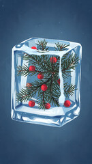 Obraz premium Frozen pine branch with red berries in ice cube, winter holiday concept. 