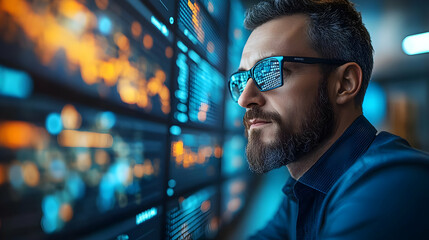 Man with Beard Looking at Screen with Data - Realistic Image