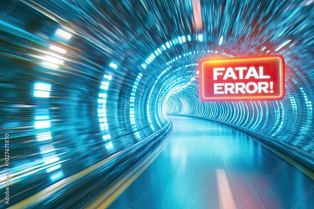 Poster Futuristic Tunnel Displaying a Warning Message Indicating a Fatal Error During a System Process