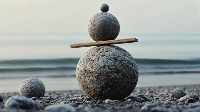 Stone Balancing on a Serene Beach: Achieving Balance and Harmony with Stacked Stones, a Wood Plank, and the Soothing Ocean Waves as a Tranquil Backdrop