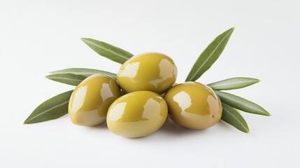 Four green olives with leaves, isolated on white background.