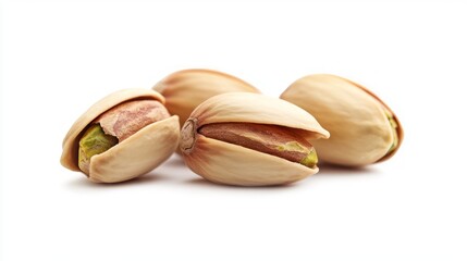 Four pistachio nuts with shells open, revealing the green kernels, isolated on a white background.