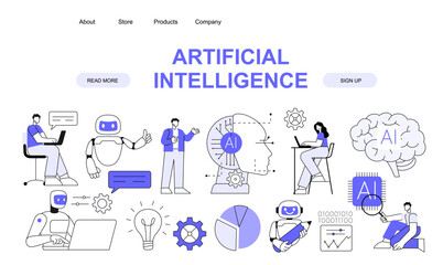Personal robot for people assistance. Artificial intelligence technology with help service, flat vector illustration.