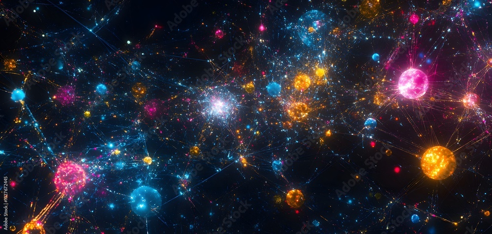 Poster vibrant cosmic abstract showcasing colorful particle networks and glowing spheres against a dark bac