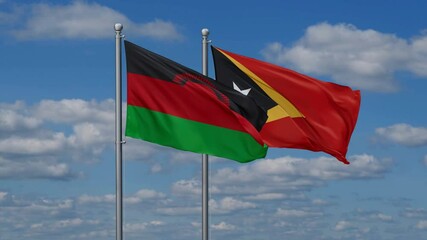 East Timor and Malawi flags flying together, video concept of the relationship, two country cooperation concept