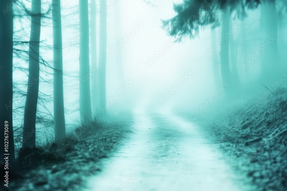 Aufkleber exploring a misty forest path during the tranquil morning hours in a secluded woodland area