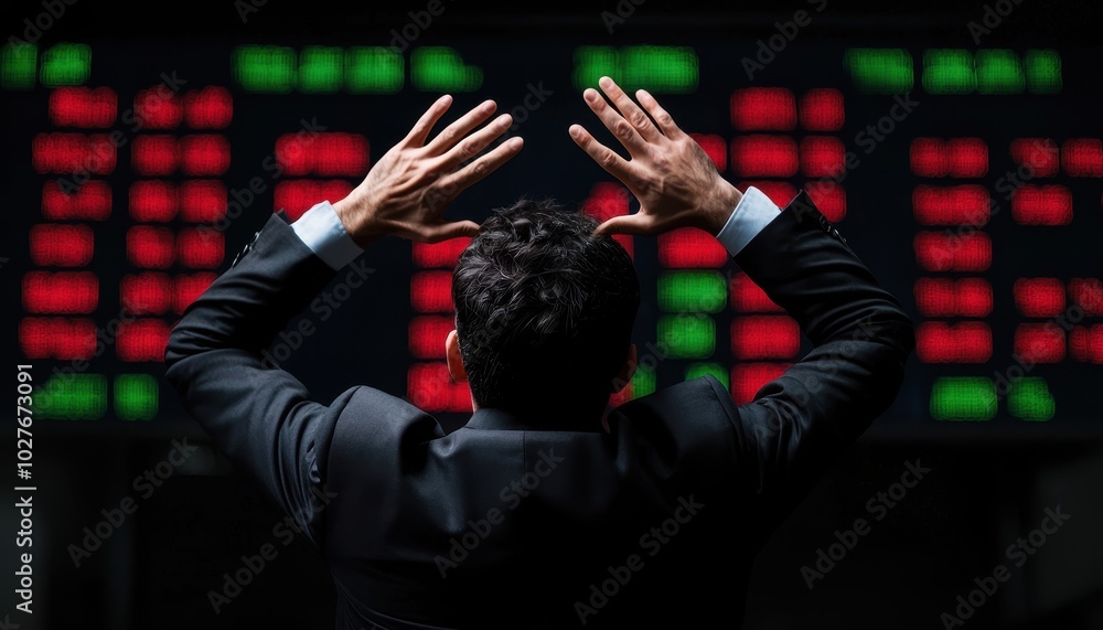 Poster Stressed trader in front of stock market display