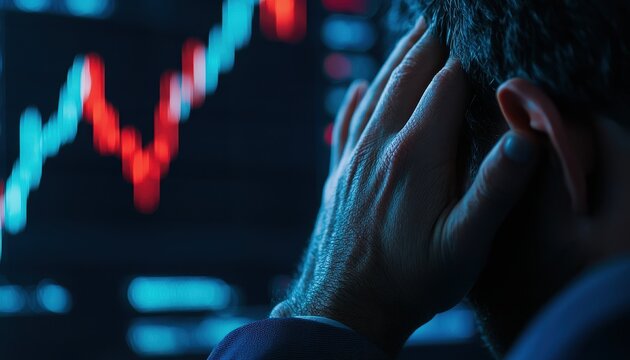 Stressed trader watches market fluctuations.
