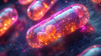 medicine capsules shimmer with a sparkling effect against a soft, blurred background, symbolizing healing, hope, and the innovative advancements in modern medicine and healthcare