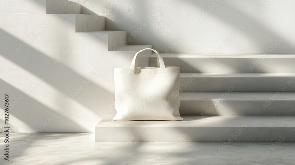 Poster minimalistic graphic movie poster style: canvas bag on stairs mockup with ai | visually striking yet
