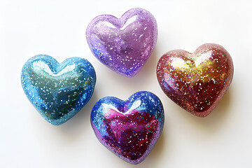 Multicolored hearts isolated on a white background ,Four glittery  hearts lined up on white background

