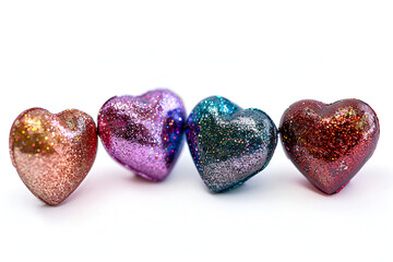 Multicolored hearts isolated on a white background ,Four glittery  hearts lined up on white background

