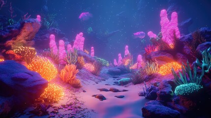 A neon-lit underwater landscape with glowing coral, rocks, and strange shapes creating an ethereal, otherworldly scene