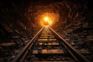 Mining tunnel with railroad tracks and light.