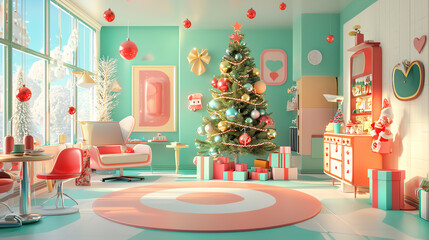 Fototapeta premium Retro-inspired living room with tinsel-covered tree and vintage Christmas decor, 3D illustration
