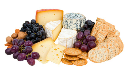A delightful assortment of cheeses, grapes, crackers, and nuts on a white background, perfect for a cheese platter, isolated on transparent background.