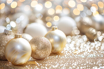 Shimmering silver and gold Christmas ornaments rest on a sparkling surface, illuminated by warm, blurred lights in the background, creating a festive atmosphere ideal for holiday celebrations
