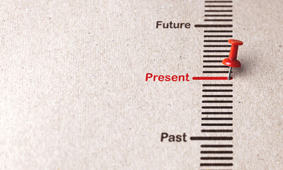 Red pin marks Present on paper background for focusing on current affairs, popular business trends...
