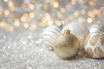 Shimmering silver and gold Christmas ornaments rest on a sparkling surface, illuminated by warm, blurred lights in the background, creating a festive atmosphere ideal for holiday celebrations
